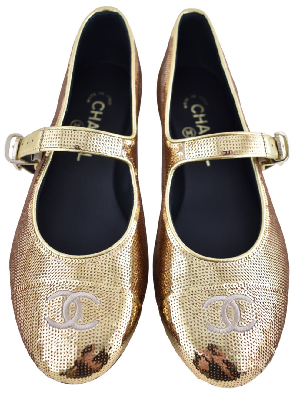 Chanel 25S Golden Gold Sequins CC Logo Mary Jane Strap Ballerina Ballet Flat 38
